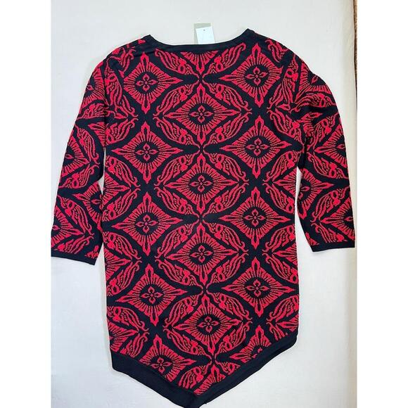 Joan Vass New York Sweater Tunic Size S Black Red Jacquard Asymmetrical Hem - Picture 3 of 12